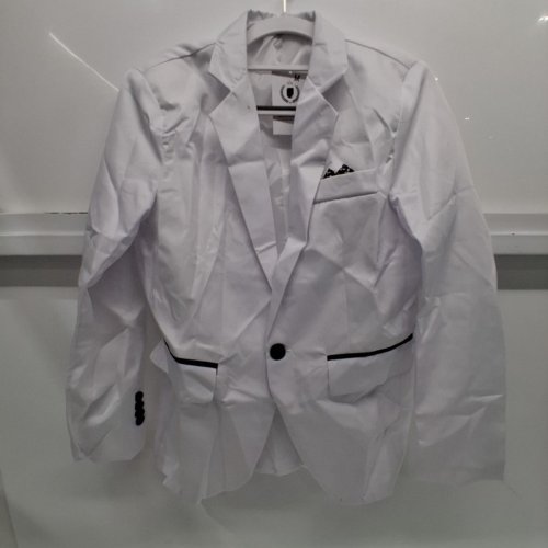 MEN'S SINGLE BUTTON BLAZER WITH NOTCH LEPEL - MEDIUM - WHITE WITH BLACK TRIM AND BUTTONS image 2