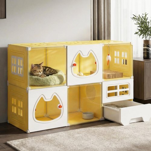 NFNOYP MODULAR PET CAT ENCLOSURE PANELS AND ACCESSORIES - 41" X 18" X 28" - WHITE/YELLOW (MODEL: RYPET001) image 2