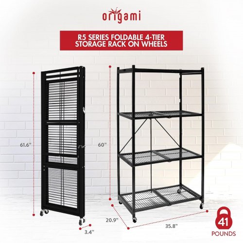 ORIGAMI FOLDING 4-TIER STEEL WIRE SHELF FRAME WITH WHEELS - 36" X 21" X 60" - BLACK - (MODEL: R5-06W) image 2