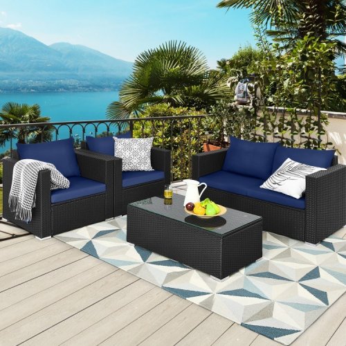 4PC COSTWAY RATTAN PATIO FURNITURE SET WITH PADDED CUSHION - BLACK/NAVY (MODEL: G019-24-P018-B00-NY) image 2