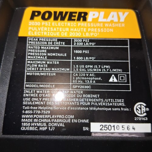 POWERPLAY SPYDER PULSE ELECTRIC PRESSURE WASHER - 2030PSI 1.5GPM - BLACK (MODEL: SPY2030) image 11