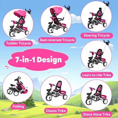 BABEVY 7-IN-1 MUTLI-STAGE TODDLER TRICYCLE - PINK/BLACK (MODEL: JY-T08E) image 2
