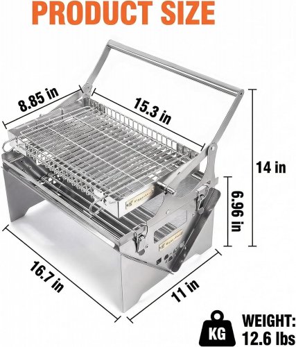 PORTABLE ROTATING CHARCOAL FRILL WITH FLIPPING BASKET - 11" X 16.7" X 14" - STAINLESS STEEL (MODEL:BDY260203) image 2