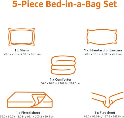5PC AMAZON BASICS COMFORTER BED-IN-A-BAG SET WITH SHEETS - TWIN/TWIN XL - GREY LEAF image 2