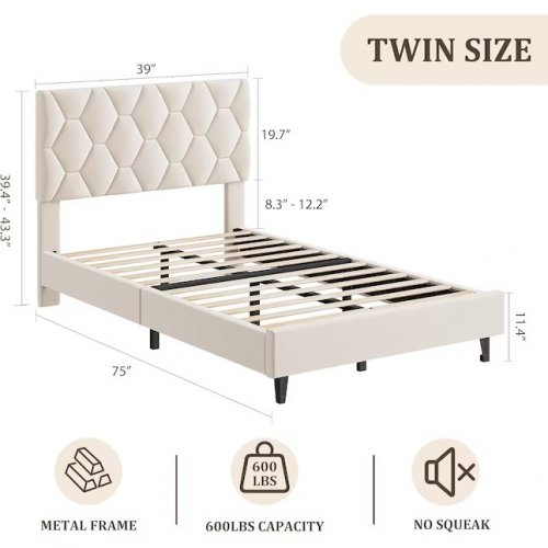 GARVEE UPHOLSTERED PLATFORM BED FRAME - TWIN XL - WHITE (MODEL: PHO_10JWK47I) image 2