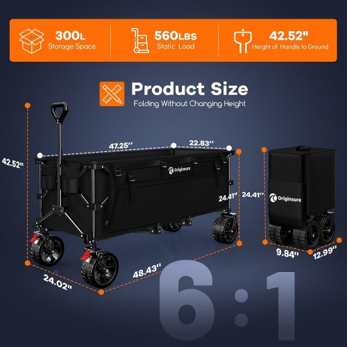 ORIGINSURE HEAVY DUTY FOLDING COLLAPSIBLE WAGON CART WITH BIG ALL-TERRAIN WHEELS - 560LBS CAP - 48" - BLACK (MODEL: OS5004-FW300BLA) image 2