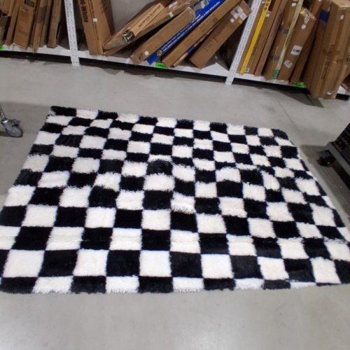 CHECKERED SHAG FAUX FUR AREA RUG - 5FT X 8FT - BLACK AND WHITE image 2