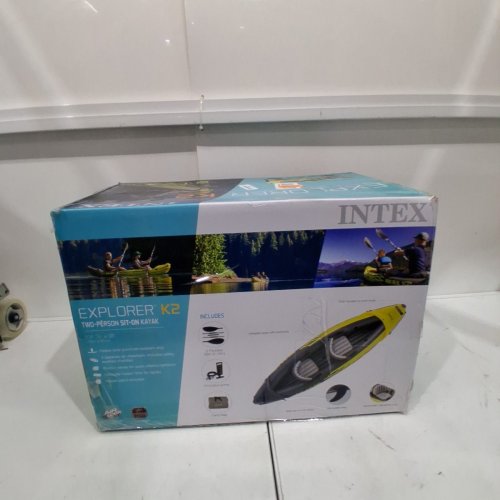 INTEX EXPLORER K2 INFLATABLE KAYAK SET WITH ALUMINUM OARS AND PUMP - 2 PERSON - 400LBS CAP - YELLOW/GREY (MODEL: 68307EP) image 2