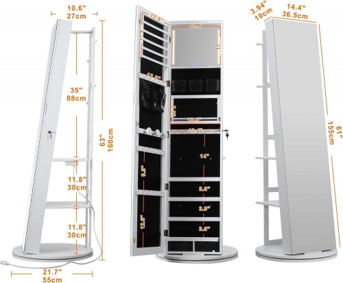IRONCK 360° LOCKABLE SWIVEL MIRRORED JEWELRY CABINET WITH LED LIGHTS & CHARGING STATION - 61" X 14" - WHITE - (MODEL: HK-JC-03) image 2