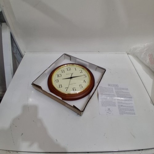 BULOVA WOOD WALL CLOCK ATOMIC TIME SET AUTOMATICALLY - 12" - BROWN CHERRY STAIN / GOLD BEZEL (MODEL: C5004) image 2