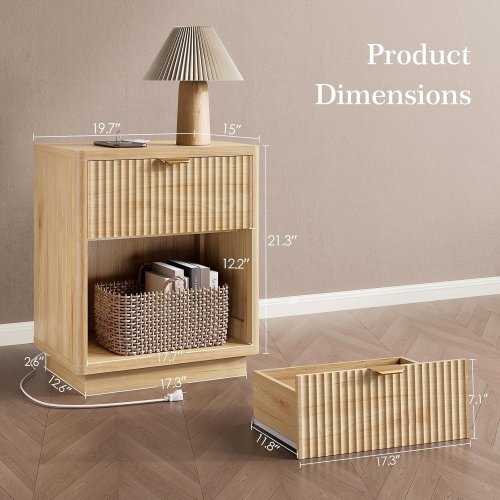 NASONET NIGHT STAND WITH CHARGING STATION - 19.7" X 15" X 21.3" - NATURAL WOOD image 2