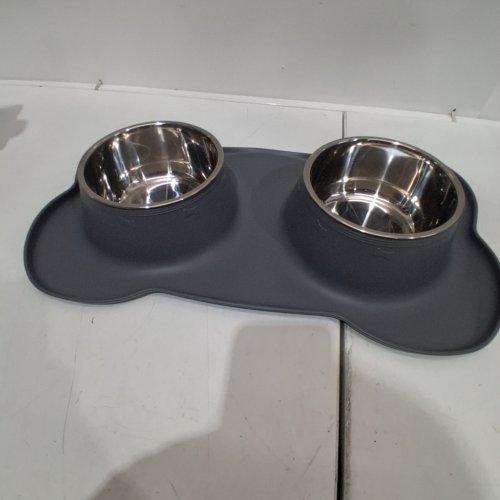 DOUBLE PET BOWL WITH FEEDING MAT - 17" X10" - GRAY image 2