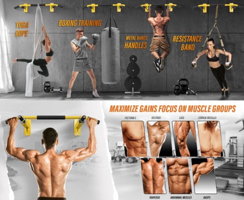 YES4ALL HEAVY DUTY WALL MOUNTED PULL UP / CHIN UP BAR , MULTI GRIP CEILING STRENGTH GYM EQUIPMENT - ORANGE (ORANG-ISH YELLOW) - (MODEL: HW3J) image 2
