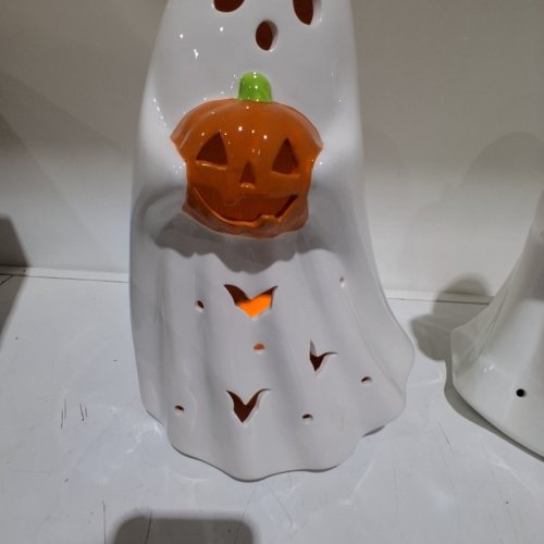 2PC HALLOWEEN CERAMIC LIGHT UP GHOST FIGURINES - 12.5" - WHITE, ORANGE, AND GREEN (MODEL:1851599) image 2