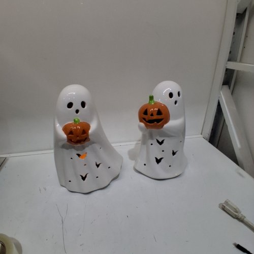 2PC HALLOWEEN CERAMIC LIGHT UP GHOST FIGURINES - 12.5" - WHITE, ORANGE, AND GREEN (MODEL:1851599) image 4