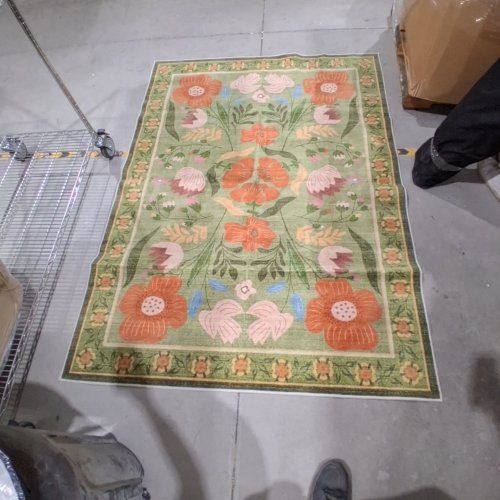 NON-SLIP FLORAL AREA RUG - 7FT X 5FT - GREEN/ORANGE image 2