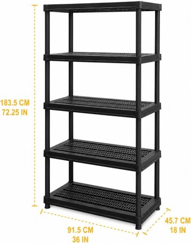5-TIER PLASTIC RESIN STORAGE SHELF/RACK - 36" X 18" X 72" - 750 LBS CAP - BLACK image 2