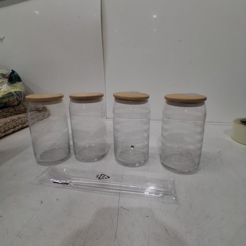 4PK MIKASA GOURMET BASICS GLASS TUMBLERS WITH LIDS & STRAWS - 18OZ (MODEL:1882036) image 2