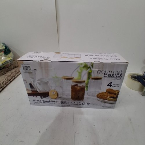 4PK MIKASA GOURMET BASICS GLASS TUMBLERS WITH LIDS & STRAWS - 18OZ (MODEL:1882036) image 3