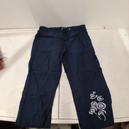 WOMENS DRAWSTRING CAPRI PANTS WITH FLORAL DETAIL - LARGE - NAVY image 2