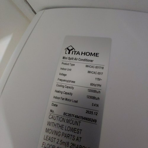 YITA HOME MINI SPLIT AIR CONDITIONER INDOOR UNIT - 115V, 12000 BTU/H COOLING, 12300 BTU/H HEATING - WHITE (MODEL: IMHCAC-0017/18) image 2
