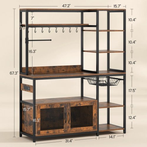 UPOSOJA KITCHEN BAKER'S RACK WITH POWER BAR, MICROWAVE STAND AND STORAGE SHELVES - RUSTIC BROWN (MODEL: AJ-DJ504281_1) image 5