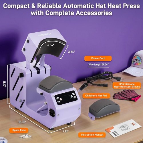 GOCHIFIX AUTO HAT/CAP HEAT PRESS MACHINE WITH 4 MEMORY MODES - PURPLE (MODEL: BG-CH2358) image 2