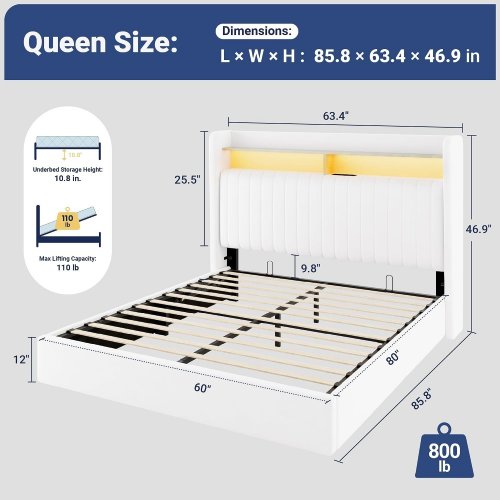 ALLEWIE LIFT UP HYDRAULIC STORAGE BED FRAME WITH TIER SHELF HEADBOARD & LED LIGHTS/CHARGING STATION - 12" X 85.8" X 46.9" - QUEEN - WHITE (MODEL: KRQSCZW002) image 2