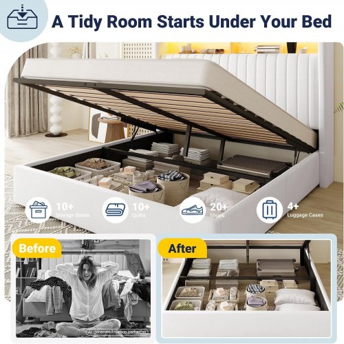 ALLEWIE LIFT UP HYDRAULIC STORAGE BED FRAME WITH TIER SHELF HEADBOARD & LED LIGHTS/CHARGING STATION - 12" X 85.8" X 46.9" - QUEEN - WHITE (MODEL: KRQSCZW002) image 3