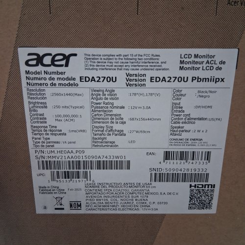 ACER PBMIIPX WQHD 1500R CURVED WIDESCREEN GAMING DISPLAY MONITOR - 180HZ /27" - (MODEL: EDA270U ) image 3