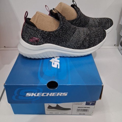 WOMEN'S SKECHERS KNIT SLIP-ON SHOES - SIZE 7 - CHARCOAL - (STYLE: 1275007) image 2