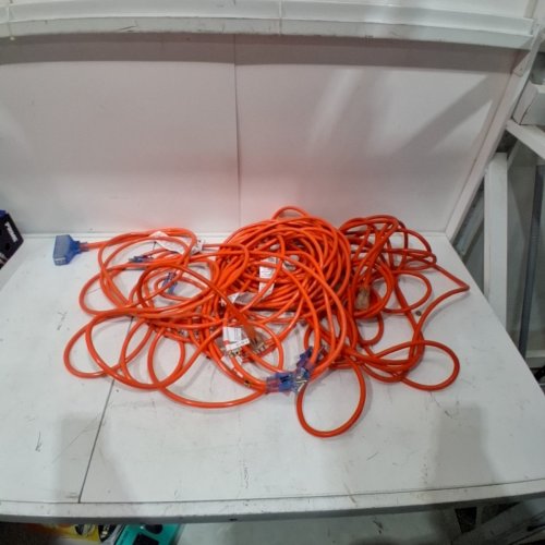 3PC PRIME WIRE OUTDOOR EXTENSION CORD COMBO WITH 2 EXTENSION CORDS AND 2FT TRIPLE TAP ADAPTER - 50FT - ORANGE (MODEL: 1734187) image 3