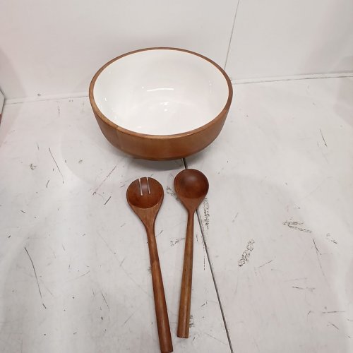 3PC HOME INSPIRATION ENAMELED MANGO WOOD SERVING BOWL SET - BROWN/WHITE - (MODEL: 1877785) image 2