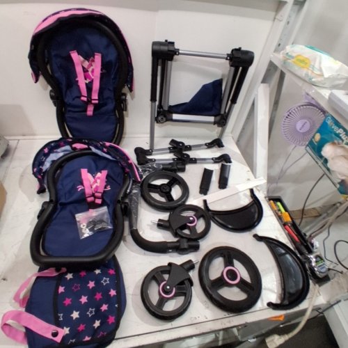 BAYER DESIGN - TWIN DOLLS PRAM XEO - ADJUSTABLE HANDLE BABY STROLLER FOR DOLLS WITH CHILDRENS SIDE BAG - NAVY/PINK - (MODEL: 26716AA) image 2