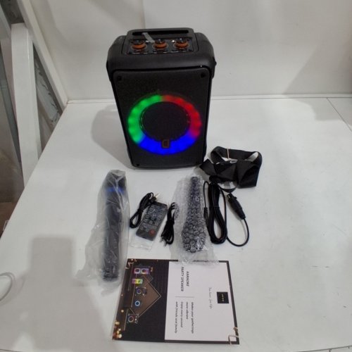 JYX PORTABLE KARAOKE MACHINE WITH 2 WIRELESS MICROPHONES AND RGB LIGHTING - BLACK (MODEL: FF-D13) image 4
