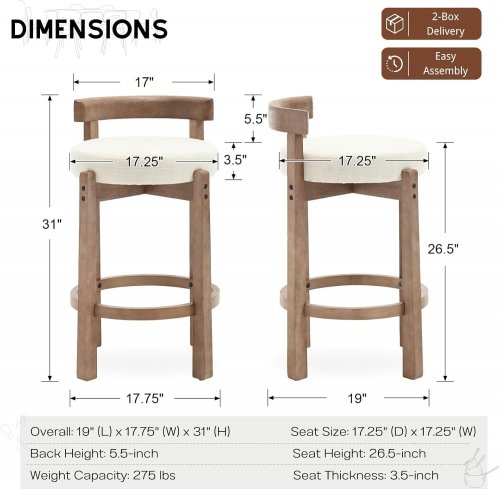 2PK COSTWAY WOODEN BARSTOOL WITH CUSHION SEAT - WHITE/NATURAL (MODEL: JV13569WH-2) image 2