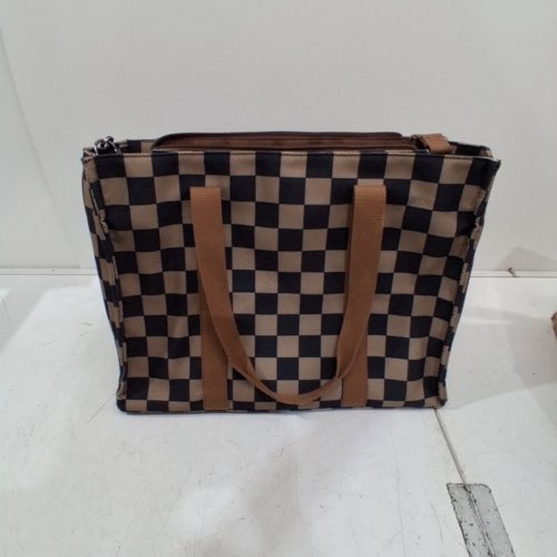 CHECKERED LAPTOP TOTE BAG - 17" X 6" X 12" - BROWN/BLACK image 3