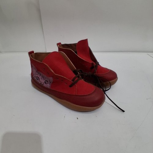 WOMEN'S RETRO CAT PATTERN LACE-UP ANKLE BOOTS - SIZE 9 (41) - RED image 2