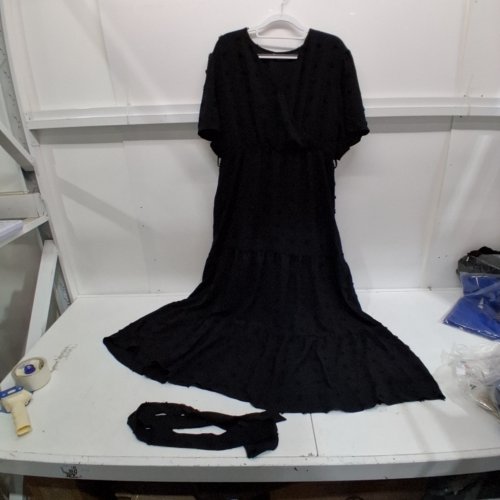 WOMANS V NECK SHORT SLEEVE SWISS DOT BOHO DRESS WITH BELT - BLACK image 2