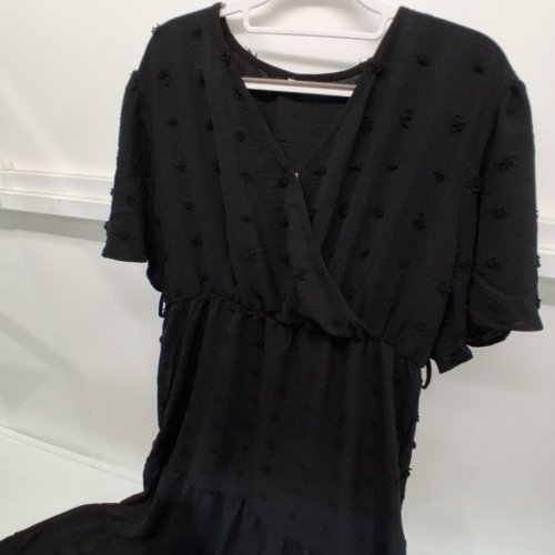 WOMANS V NECK SHORT SLEEVE SWISS DOT BOHO DRESS WITH BELT - BLACK image 3