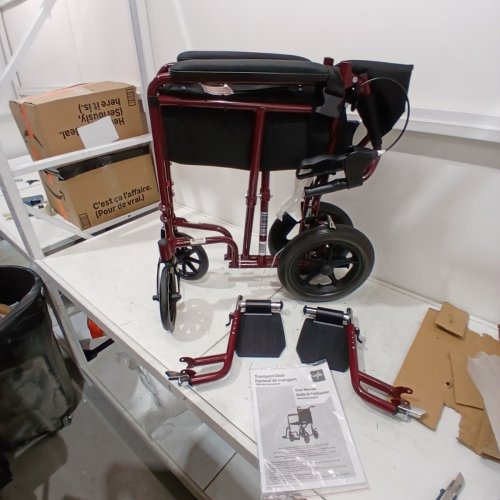 MEDLINE BASIC ALUMINUM TRANSPORT WHEELCHAIR 12" REAR WHEELS WITH BRAKES - 19"/300LBS CAPACITY - RED/BLACK (MODEL: MDS808210ARE) image 2