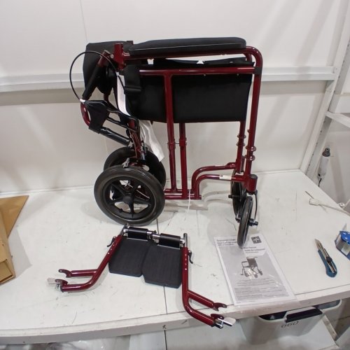 MEDLINE BASIC ALUMINUM TRANSPORT WHEELCHAIR 12" REAR WHEELS WITH BRAKES - 19"/300LBS CAPACITY - RED/BLACK (MODEL: MDS808210ARE) image 3