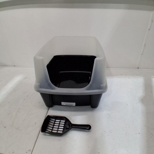 IRIS OPEN TOP CAT LITTER BOX KIT WITH SHIELD AND SCOOP - 16" X 12" - DARK GREY/CLEAR - (MODEL: CLH-12) image 2