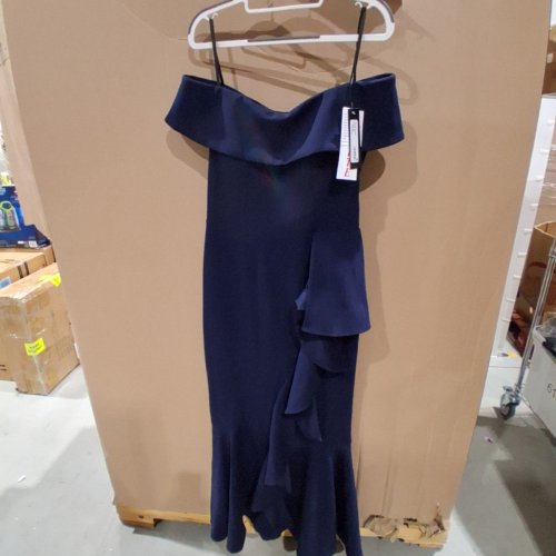 WOMENS BETSY & ADAM LONG OFF SHOULDER CASCADE SIDE RUFFLE SCUBA CREPE GOWN - 10 PETITE - NAVY BLUE (STYLE:A22885) image 2