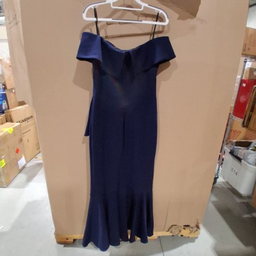 WOMENS BETSY & ADAM LONG OFF SHOULDER CASCADE SIDE RUFFLE SCUBA CREPE GOWN - 10 PETITE - NAVY BLUE (STYLE:A22885) image 3