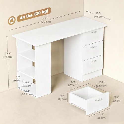 HOMCOM 3-TIER COMPUTER DESK WITH STORAGE SHELVES - 47.25" X 19.25" X 28.25" - WHITE (MODEL: 836-068WT) image 2