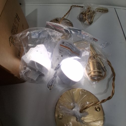 2PK SHENMOYL VINTAGE HANGING PENDANT LIGHTS WITH GLASS SHADES - Z-STRIPED - GOLD, WHITE image 2