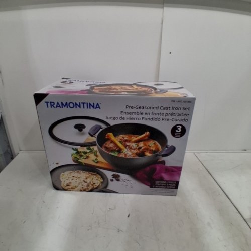 3PC TRAMONTINA PRE-SEASONED CAST IRON DEEP KADAI AND FLAT TAWA COOKWARE SET - 7QT / 11" - BLACK (MODEL: 1901865) image 4