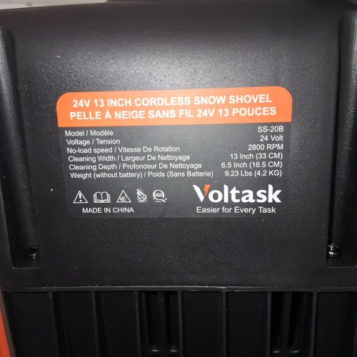 VOLTASK CORDLESS ELECTRIC SNOW SHOVEL WITH CHARGER - 13" - 24V - BLACK/ORANGE - (MODEL: CSS001-130OR-CAVK/SS-20B) image 3