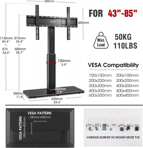 AOKCOS ADJUSTABLE TABLE TOP TV STAND - FITS 43" TO 85" TVS - BLACK (MODEL: TTC1602AGB) image 2